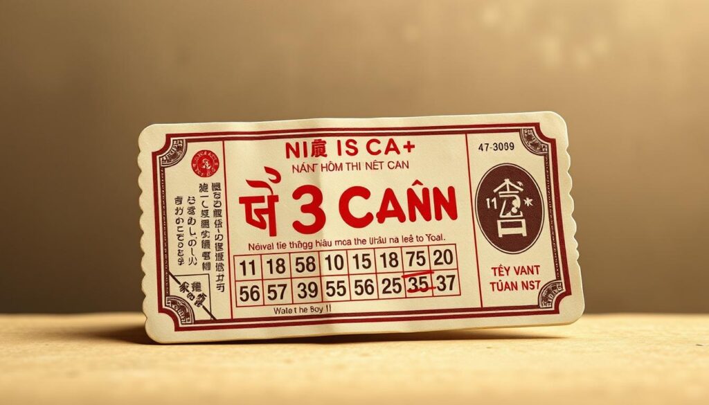 A detailed close-up illustration of a traditional Vietnamese lottery ticket featuring the "Đề 3 Càng" game. The ticket is displayed against a muted, earthy background that evokes the feel of an old, weathered document. The ticket itself is crisp and well-defined, showcasing the intricate design elements and numerical patterns that characterize this popular lottery game. Soft, directional lighting highlights the tactile, textured quality of the paper, creating a sense of depth and dimension. The overall mood is one of nostalgia and cultural authenticity, inviting the viewer to engage with this quintessential aspect of Vietnamese gaming culture.