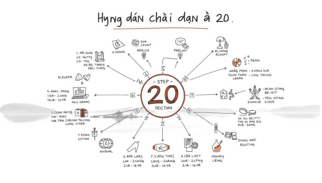 A detailed, hand-drawn infographic illustration of "Hướng dẫn chơi dàn đề 20 số", showcasing a comprehensive step-by-step guide. The foreground features a central diagram with numerical sequences and gameplay mechanics, surrounded by supporting illustrations and icons that elucidate the process. The middle ground depicts a serene, minimalist background with subtle textures and gradients, creating a clean, informative layout. Lighting is soft and diffused, with a warm, inviting color palette that enhances the educational tone. The overall composition is balanced, with ample negative space to focus the viewer's attention on the key instructional elements.