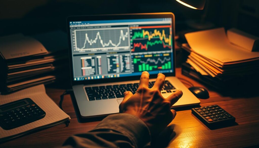 A dimly lit office desk, with a laptop displaying a complex data visualization, surrounded by stacks of documents and a calculator. In the foreground, a pair of hands intently analyzing the data, their fingers tracing patterns on the screen. The lighting is warm and focused, casting subtle shadows that accentuate the concentration on the task at hand. The overall atmosphere is one of deep contemplation and meticulous attention to detail, capturing the essence of "Phân tích dữ liệu bắt đề kép" - the effective analysis of data to uncover insightful patterns.