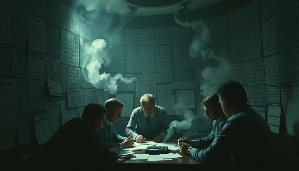 A dimly lit, smoke-filled room with an intricate web of numbers, charts, and calculations covering the walls. In the center, a group of individuals intently studying and discussing strategic lottery number combinations, their expressions intense and focused. Soft, moody lighting casts dramatic shadows, creating an atmosphere of secrecy and anticipation. The scene conveys the meticulous planning and analysis involved in the effective operation of a lottery strategy, hinting at the complexities and potential rewards of this enigmatic world.