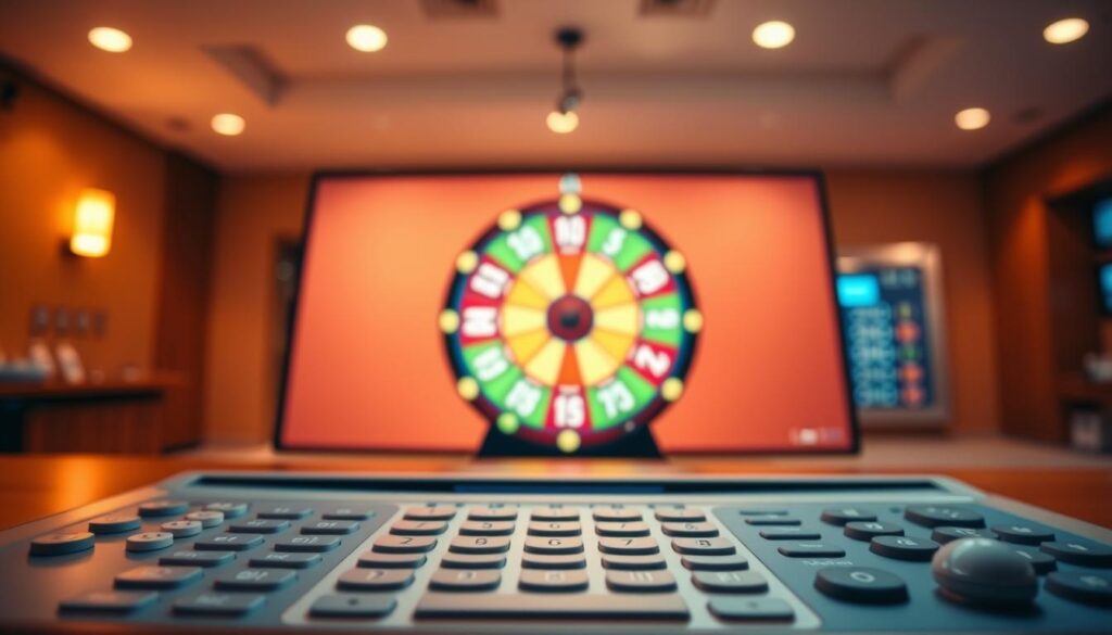 A friendly, user-friendly online lottery interface with a clean, minimalist design. The foreground features a sleek and intuitive dashboard with clear buttons and icons for various betting options. The middle ground showcases a vibrant, animated lottery wheel spinning against a softly blurred background. The overall atmosphere conveys a sense of excitement and ease of use, inviting the user to engage with the platform. Warm, natural lighting casts a welcoming glow, and the camera angle is positioned to provide an immersive, front-row perspective of the interface.