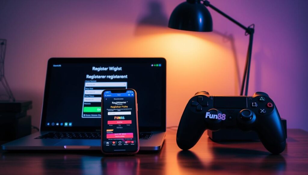 A neatly organized desktop with a laptop, smartphone, and gaming controller, showcasing the steps to register an online gambling account. Soft, warm lighting illuminates the scene, creating a welcoming and trustworthy atmosphere. The laptop screen displays a registration form, while the smartphone displays the Fun88 website, emphasizing the user-friendly and reliable nature of the platform. The gaming controller suggests the excitement and entertainment of online gambling. The arrangement conveys a sense of guidance and simplicity, inviting the viewer to confidently explore the registration process.