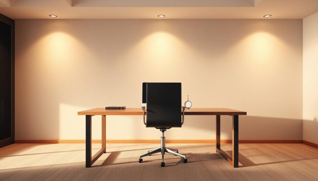 A sleek, minimalist office interior with a large wooden desk, a modern swivel chair, and a laptop computer prominently displayed. Soft, directional lighting illuminates the desk from above, casting subtle shadows and creating a warm, focused atmosphere. The background features a simple, neutral-toned wall, allowing the desk setup to be the central focus. The overall composition conveys a sense of professionalism, efficiency, and an environment conducive to making informed decisions about reliable online gambling platforms.