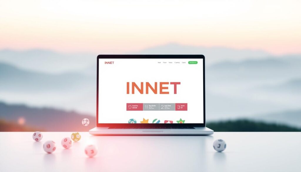 A sleek, minimalist website interface showcasing the INNET online lottery platform. In the center, the INNET logo prominently displayed against a clean, white background, surrounded by a soft, warm glow. In the foreground, various lottery-themed icons and design elements subtly incorporated, hinting at the platform's features and functionality. The middle ground features a laptop or desktop computer screen, displaying the INNET website in a crisp, high-resolution rendering. The background is a softly blurred, gradient-based landscape, creating a sense of depth and tranquility. The overall mood is one of sophistication, trustworthiness, and technological innovation, reflecting the secure and reliable nature of the INNET online lottery service.