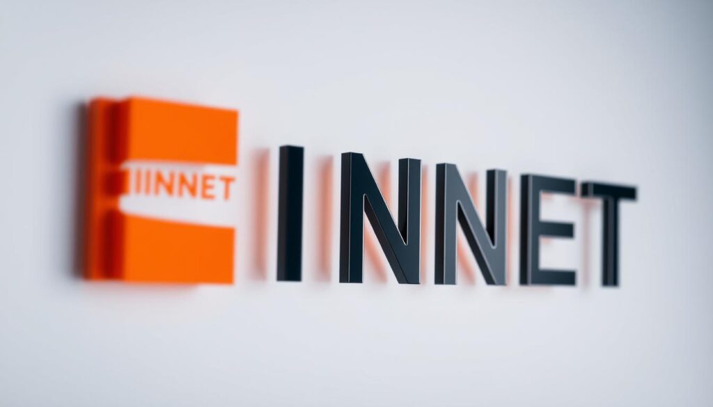 A sleek, modern brand logo for "INNET" in a bold, high-contrast color palette of orange and black. The logo is prominently displayed against a softly blurred, minimalist background, perhaps a gradient or subtle texture, conveying a sense of quality, professionalism, and commitment to excellence. The lighting is directional, creating depth and dimension, while the camera angle is slightly elevated to give the logo an authoritative, trustworthy presence. The overall mood is one of confidence, reliability, and attention to detail - reflecting the brand's pledge of quality service.
