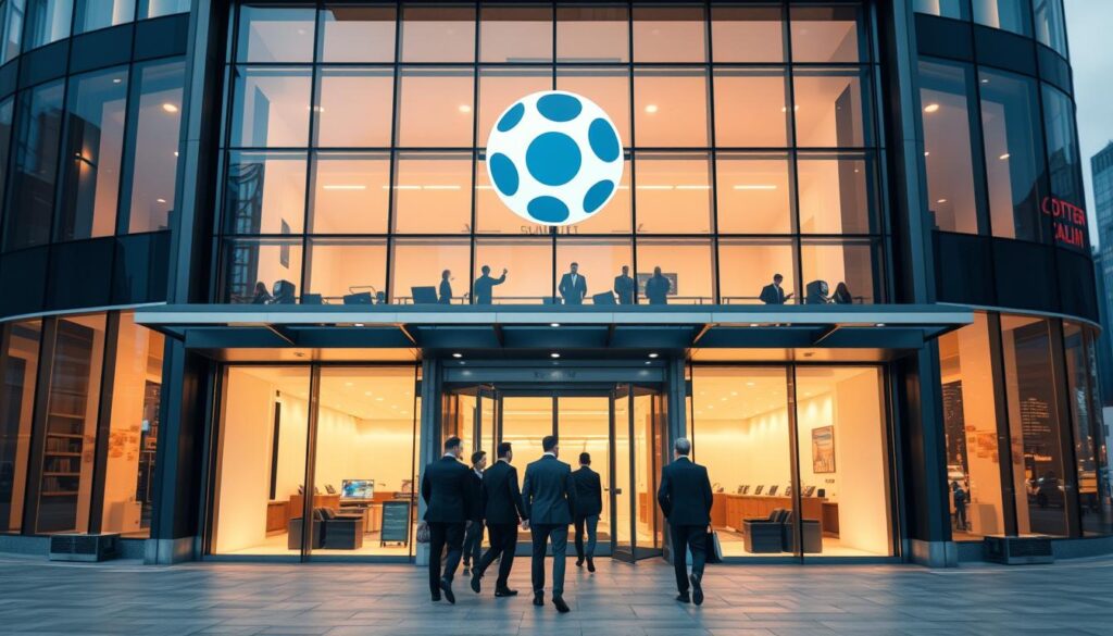 A sleek, modern office building with a sophisticated facade of glass and steel, prominently displaying the logo of a reputable online lottery provider. The building is bathed in warm, ambient lighting, conveying a sense of professionalism and trustworthiness. In the foreground, a group of smartly dressed individuals enter the building, suggesting a thriving and reputable business operation. The background features a bustling city skyline, hinting at the company's nationwide reach and prominence. The overall scene exudes an air of reliability, security, and a commitment to providing a seamless and trustworthy online gambling experience.