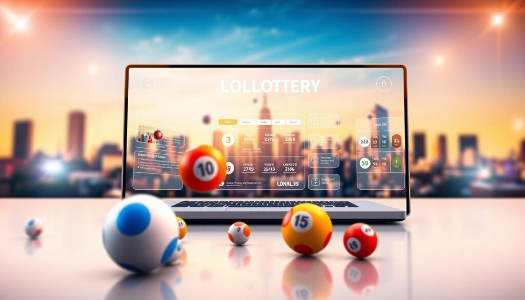 A vibrant digital display showcasing the benefits of online lottery with a sleek, modern aesthetic. In the foreground, a group of colorful lottery balls float effortlessly, hinting at the excitement and potential rewards of playing. The middle ground features a stylized representation of an online platform, with clean interfaces and intuitive controls. The background depicts a softly blurred cityscape, evoking the convenience and accessibility of playing from anywhere. Warm lighting casts a welcoming glow, while subtle lens flare effects add a touch of dynamism. The overall composition conveys the thrill, simplicity, and advantages of participating in online lottery games.